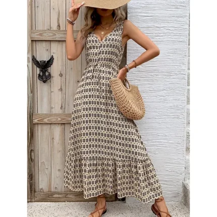 Women's Maxi Dress Casual Dress Swing Dress A Line Dress Tank Dress Stylish Casual Vacation Daily Regular Fit Geometric Sleeveless V Neck Green Aprico