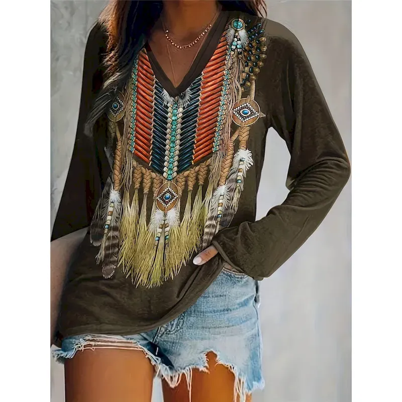 bolxqv1723631431610.webp Women's T shirt Long Sleeve V Neck Long Sleeve Tunic Vintage Ethnic Print Regular Tops Vacation Army Green Spring Fall Prefall 2025 - Image 1