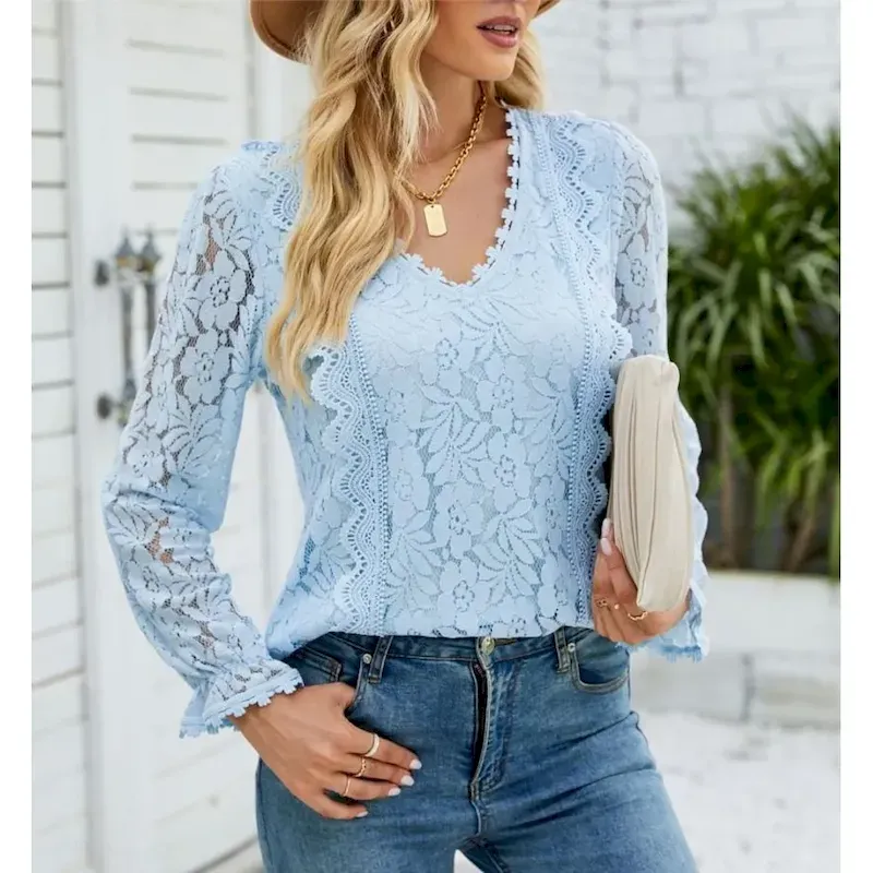 fxdxff1721030888757.webp Women's Elegant Lace Tops Eyelet Blouse Elegant Solid Color Lace Eyelet Lantern Sleeve Long Sleeve V Neck Daily Romantic Petite Tops Summer Holiday We - Image 1