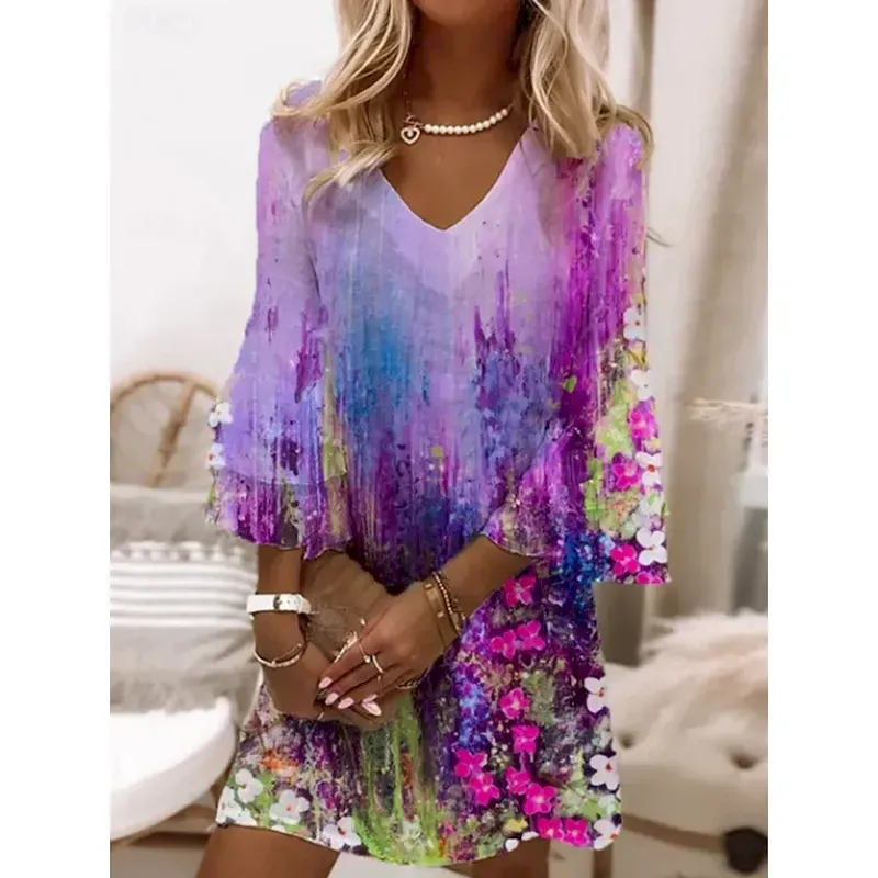 kxziwd1756290908913.webp Women's Mini Dress Sundress A Line Dress Bohemia Vacation Casual Party Regular Fit Floral Graphic Abstract 3/4 Length Sleeve V Neck Pink Purple Light - Image 1