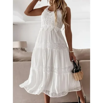 Women's Midi Dress White Dress White Lace Wedding Dress Boho Dress Elegant Classic Daily Date Weekend Regular Fit Plain Sleeveless V Neck White Summer