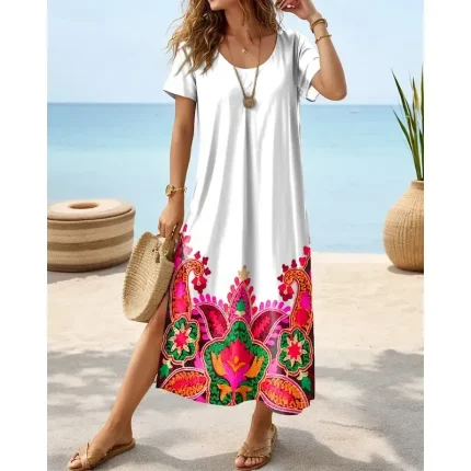 Women's Midi Dress Sundress A Line Dress Vacation Casual Boho Butterfly Sleeve Vacation Beach Regular Fit Floral Graphic Short Sleeve Crewneck White b