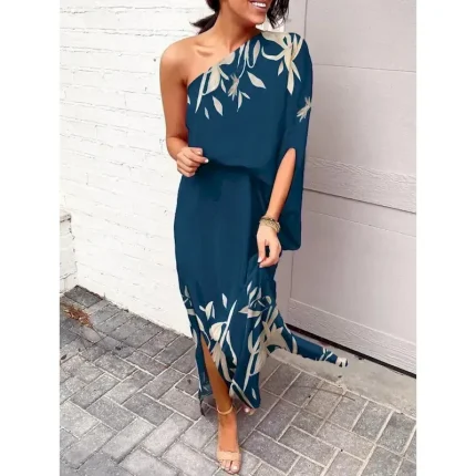 Women's Maxi Dress Off The Shoulder Dress Vacation Casual Boho Outdoor Beach Loose Fit Graphic Leaf 3/4 Length Sleeve One Shoulder Black White Blue Kh